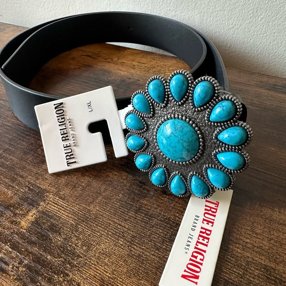 True Religion Accessories - True Religion Black Belt Turquoise Buckle Bohemian Western Style L/XL NWT